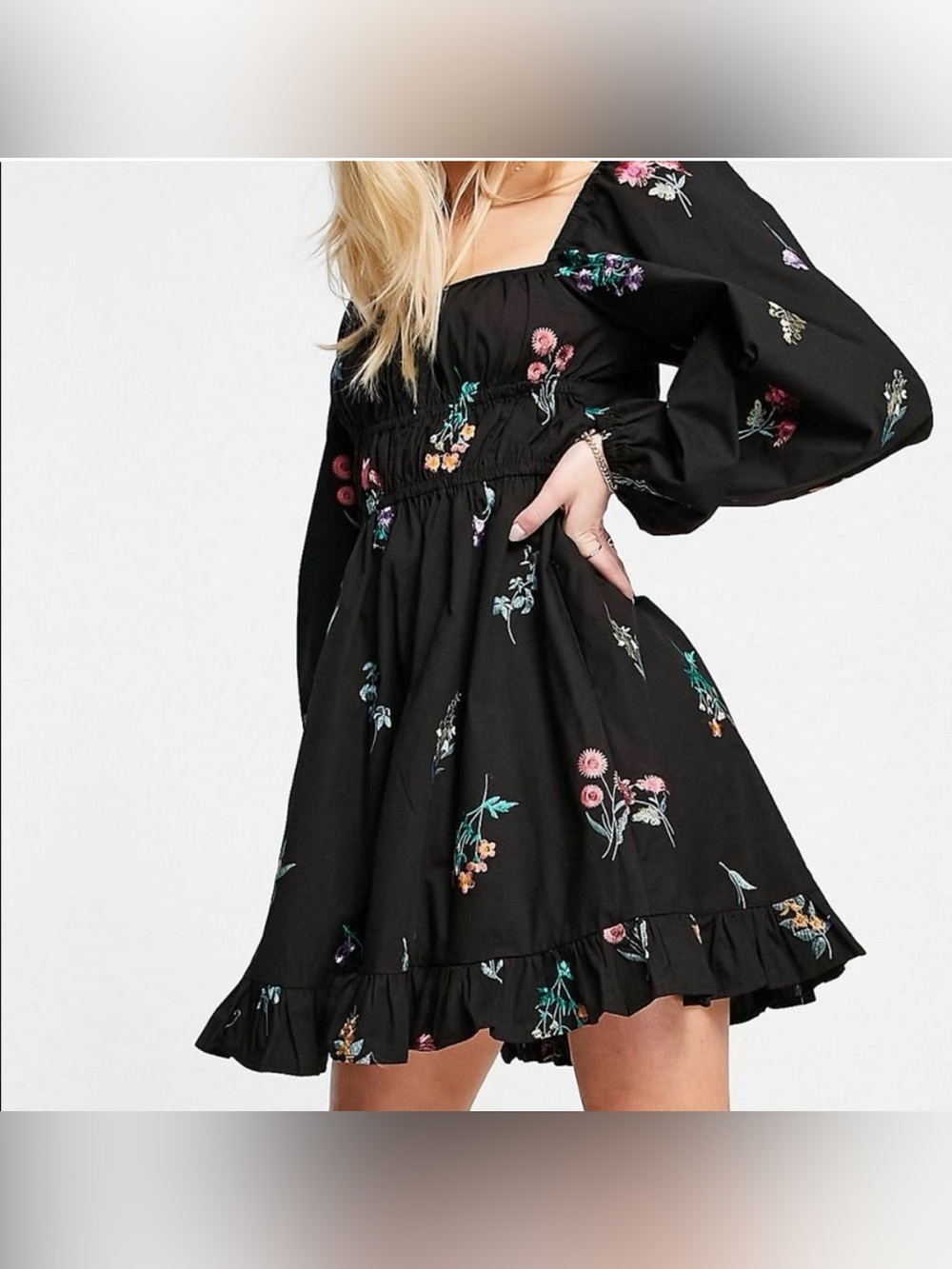 ASOS Black Cotton Floral Embroidered Long Balloon Sleeve Smocked Mini Dress Sz 4